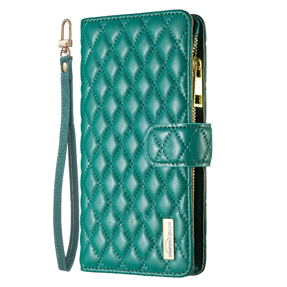 BINFEN COLOR BF Style-15 Cellphone Shell for iPhone 12 Pro Max 6.7 inch, Imprinted Rhombus Pattern Case with Zipper Pocket Stand Matte Full Coverage PU Leather Wallet Cover - Green - 7