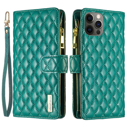 BINFEN COLOR BF Style-15 Cellphone Shell for iPhone 12 / 12 Pro 6.1 inch, Imprinted Rhombus Pattern Case with Zipper Pocket Stand Matte PU Leather Wallet Cover - Green - 1