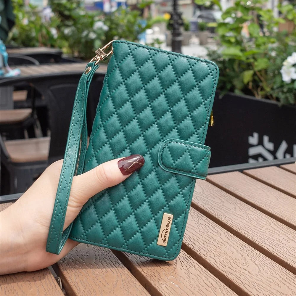 BINFEN COLOR BF Style-15 Cellphone Shell for iPhone 12 / 12 Pro 6.1 inch, Imprinted Rhombus Pattern Case with Zipper Pocket Stand Matte PU Leather Wallet Cover - Green - 6
