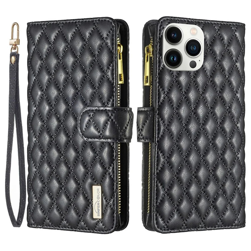 BINFEN COLOR for iPhone 13 Pro Max 6.7 inch BF Style-15 Cellphone Shell, Imprinted Rhombus Pattern All-round Shockproof Case with Zipper Pocket Stand Matte PU Leather Wallet Cover - Black - 1
