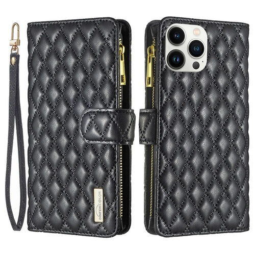 BINFEN COLOR for iPhone 13 Pro Max 6.7 inch BF Style-15 Cellphone Shell, Imprinted Rhombus Pattern All-round Shockproof Case with Zipper Pocket Stand Matte PU Leather Wallet Cover - Black - 1