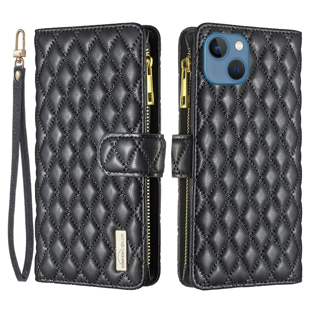 BINFEN COLOR for iPhone 13 6.1 inch BF Style-15 Cellphone Shell, Imprinted Rhombus Pattern Case with Zipper Pocket Stand Matte PU Leather Wallet Cover - Black - 1