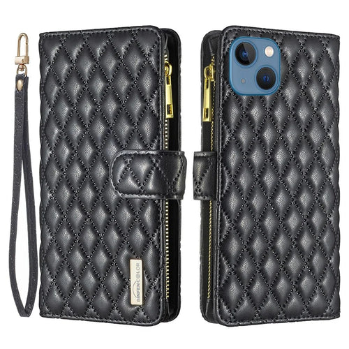 BINFEN COLOR for iPhone 13 6.1 inch BF Style-15 Cellphone Shell, Imprinted Rhombus Pattern Case with Zipper Pocket Stand Matte PU Leather Wallet Cover - Black - 1