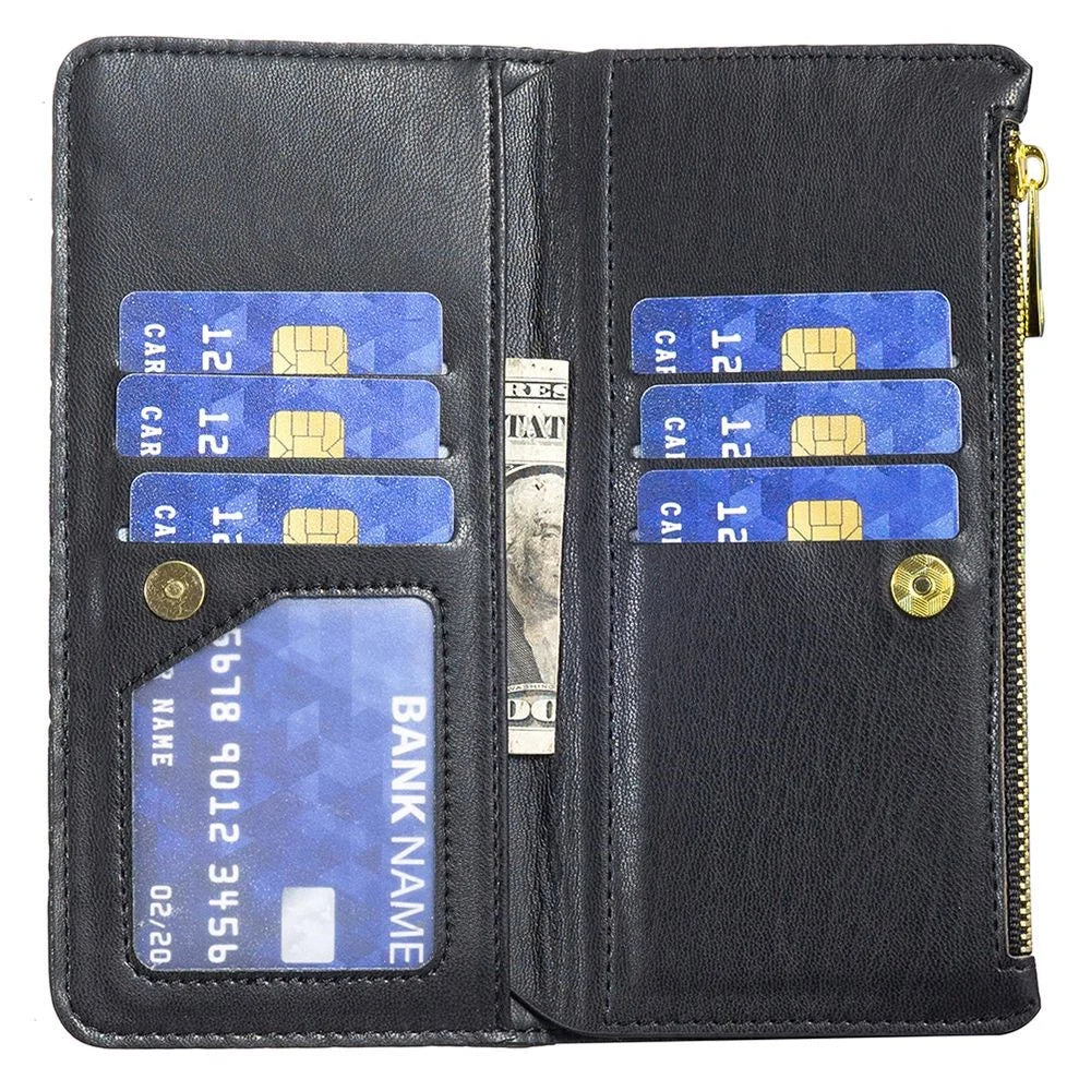 BINFEN COLOR for iPhone 13 6.1 inch BF Style-15 Cellphone Shell, Imprinted Rhombus Pattern Case with Zipper Pocket Stand Matte PU Leather Wallet Cover - Black - 4