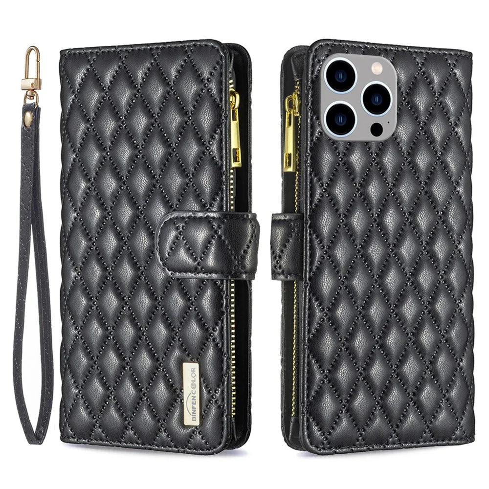 BINFEN COLOR for iPhone 14 Pro Max 6.7 inch BF Style-15 Zipper Pocket Imprinted Rhombus Pattern Case Flip Stand Matte Shockproof PU Leather Wallet Cover - Black - 1