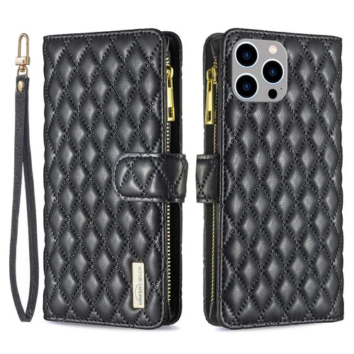 BINFEN COLOR for iPhone 14 Pro Max 6.7 inch BF Style-15 Zipper Pocket Imprinted Rhombus Pattern Case Flip Stand Matte Shockproof PU Leather Wallet Cover - Black - 1