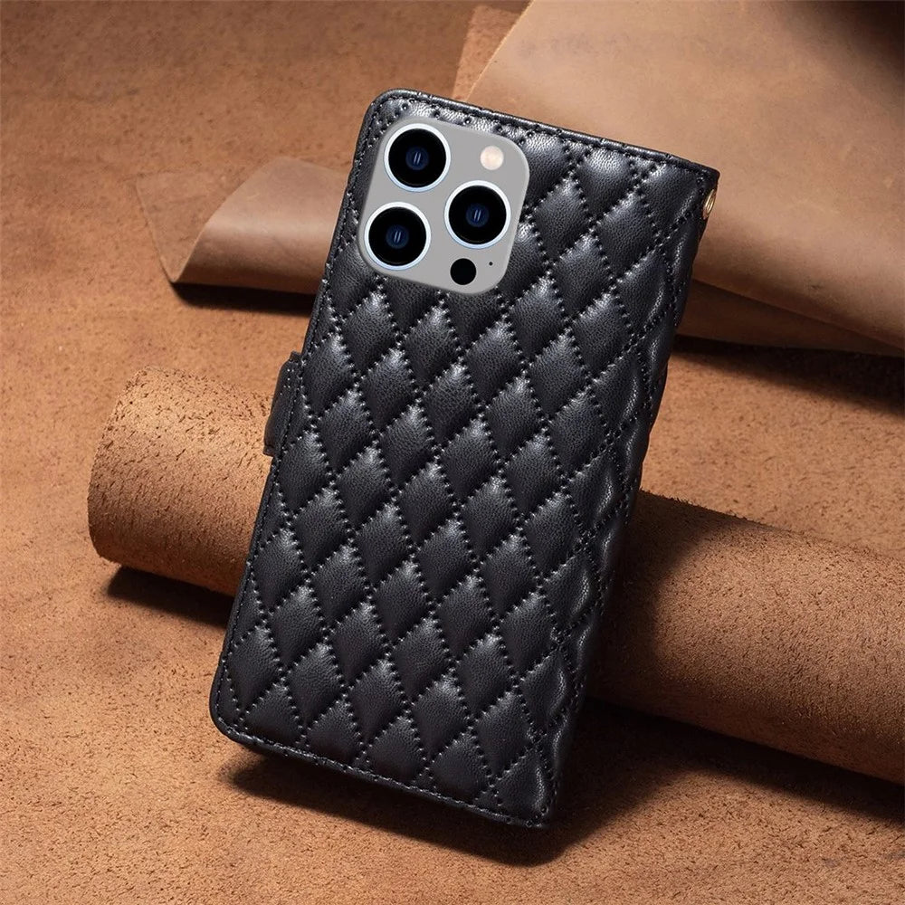 BINFEN COLOR for iPhone 14 Pro Max 6.7 inch BF Style-15 Zipper Pocket Imprinted Rhombus Pattern Case Flip Stand Matte Shockproof PU Leather Wallet Cover - Black - 6