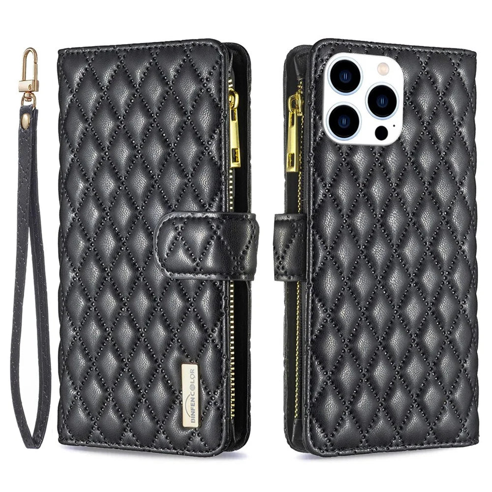 BINFEN COLOR for iPhone 14 Pro 6.1 inch BF Style-15 Zipper Pocket Imprinted Rhombus Pattern Case Drop Resistant Flip Stand Matte PU Leather Wallet Cover - Black - 1