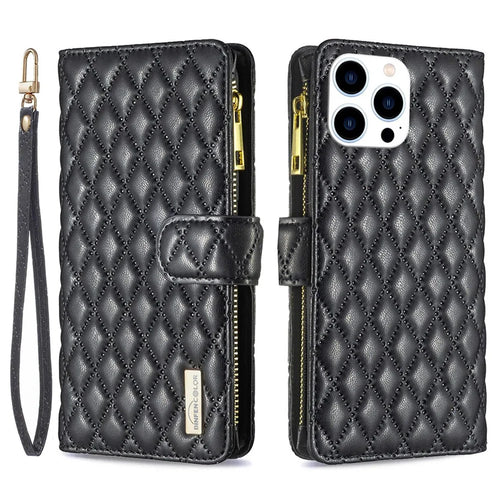 BINFEN COLOR for iPhone 14 Pro 6.1 inch BF Style-15 Zipper Pocket Imprinted Rhombus Pattern Case Drop Resistant Flip Stand Matte PU Leather Wallet Cover - Black - 1