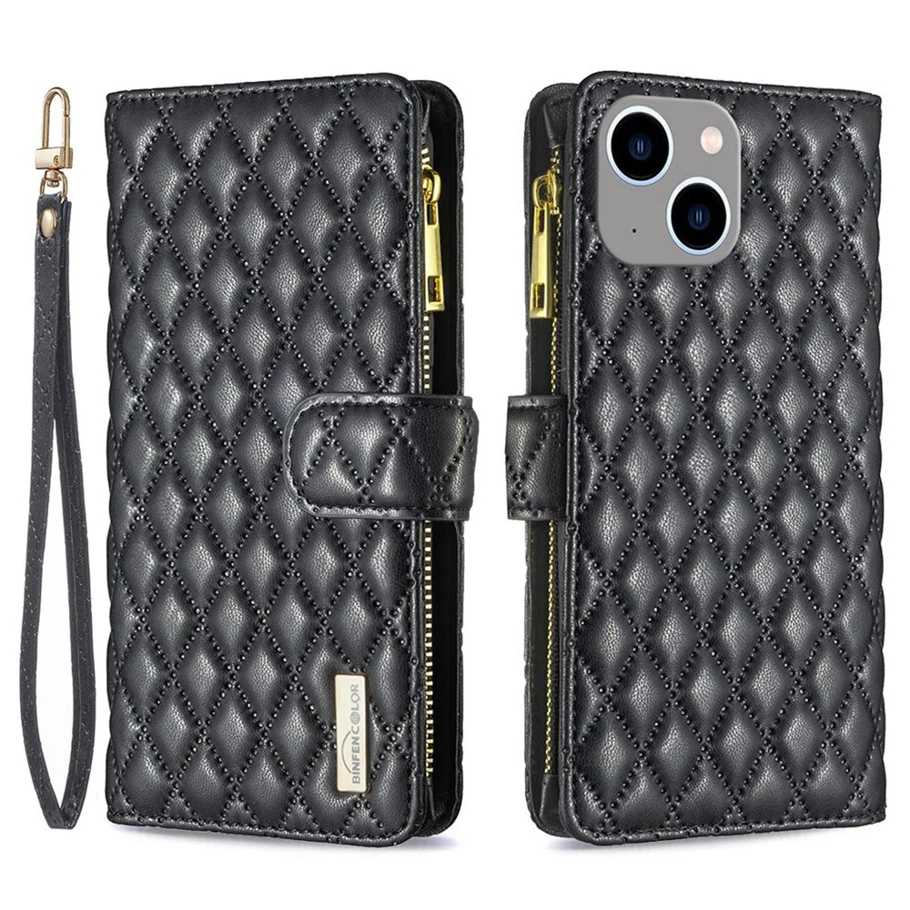 BINFEN COLOR for iPhone 14 Plus 6.7 inch BF Style-15 Anti-fall Zipper Pocket Imprinted Rhombus Pattern Case Flip Stand Matte PU Leather Wallet Cover - Black - 1