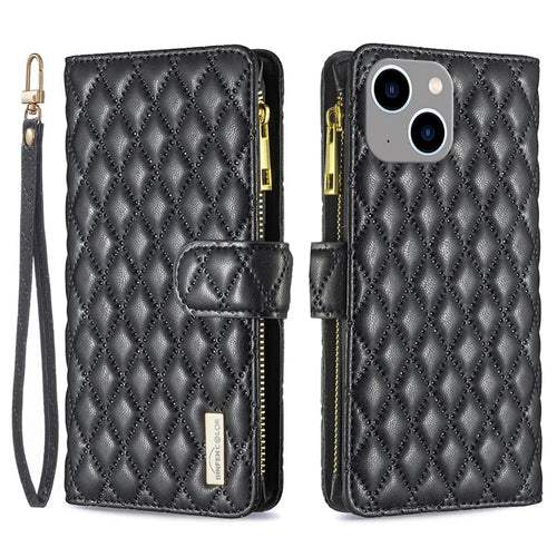 BINFEN COLOR for iPhone 14 Plus 6.7 inch BF Style-15 Anti-fall Zipper Pocket Imprinted Rhombus Pattern Case Flip Stand Matte PU Leather Wallet Cover - Black - 1