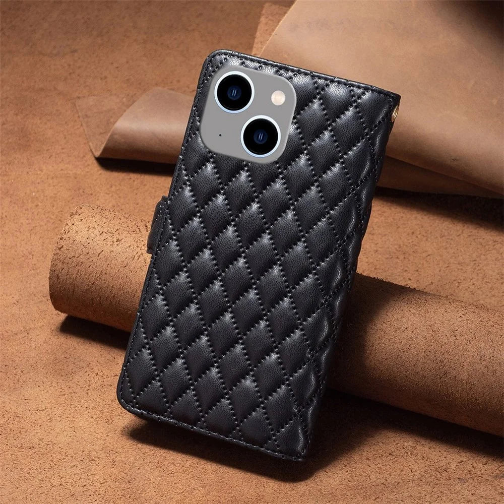 BINFEN COLOR for iPhone 14 Plus 6.7 inch BF Style-15 Anti-fall Zipper Pocket Imprinted Rhombus Pattern Case Flip Stand Matte PU Leather Wallet Cover - Black - 6