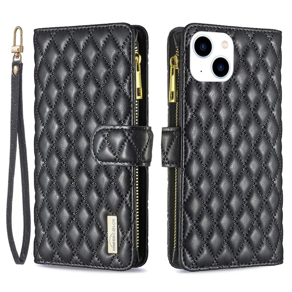 BINFEN COLOR for iPhone 14 6.1 inch BF Style-15 Zipper Pocket Imprinted Rhombus Pattern Case Flip Stand Matte PU Leather Wallet Cover - Black - 1
