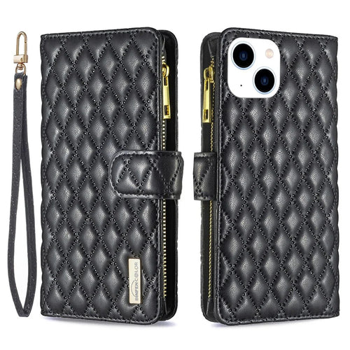 BINFEN COLOR for iPhone 14 6.1 inch BF Style-15 Zipper Pocket Imprinted Rhombus Pattern Case Flip Stand Matte PU Leather Wallet Cover - Black - 1