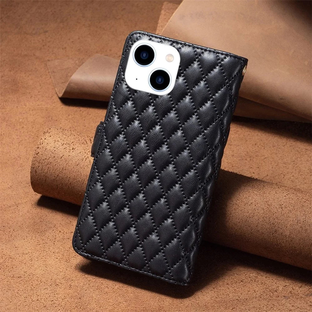BINFEN COLOR for iPhone 14 6.1 inch BF Style-15 Zipper Pocket Imprinted Rhombus Pattern Case Flip Stand Matte PU Leather Wallet Cover - Black - 6