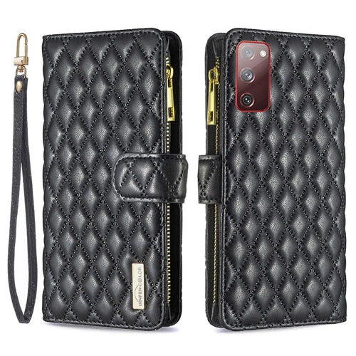 BINFEN COLOR for Samsung Galaxy S20 FE 4G / FE 5G / S20 Lite / S20 FE 2022 BF Style-15 Well-protected Imprinted Rhombus Pattern Case with Zipper Pocket Stand Matte PU Leather Wallet Cover - Black - 1
