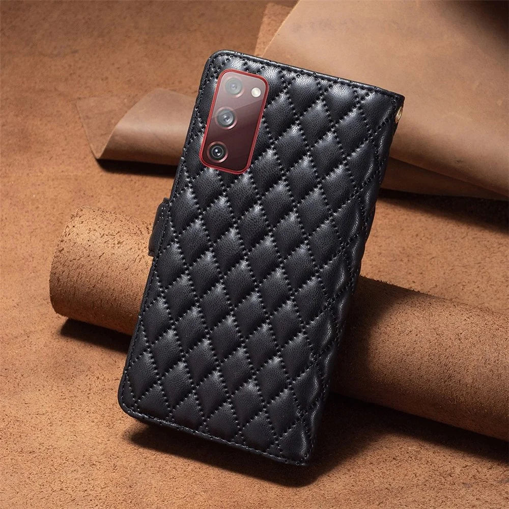 BINFEN COLOR for Samsung Galaxy S20 FE 4G / FE 5G / S20 Lite / S20 FE 2022 BF Style-15 Well-protected Imprinted Rhombus Pattern Case with Zipper Pocket Stand Matte PU Leather Wallet Cover - Black - 6
