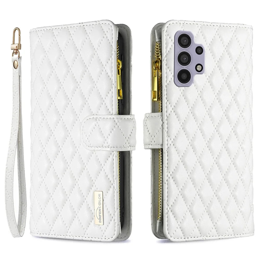 BINFEN COLOR for Samsung Galaxy A32 5G / M32 5G BF Style-15 Imprinted Rhombus Pattern Protective Case with Zipper Pocket Stand Matte PU Leather+TPU Wallet Cover - White - 1