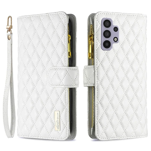 BINFEN COLOR for Samsung Galaxy A32 5G / M32 5G BF Style-15 Imprinted Rhombus Pattern Protective Case with Zipper Pocket Stand Matte PU Leather+TPU Wallet Cover - White - 1