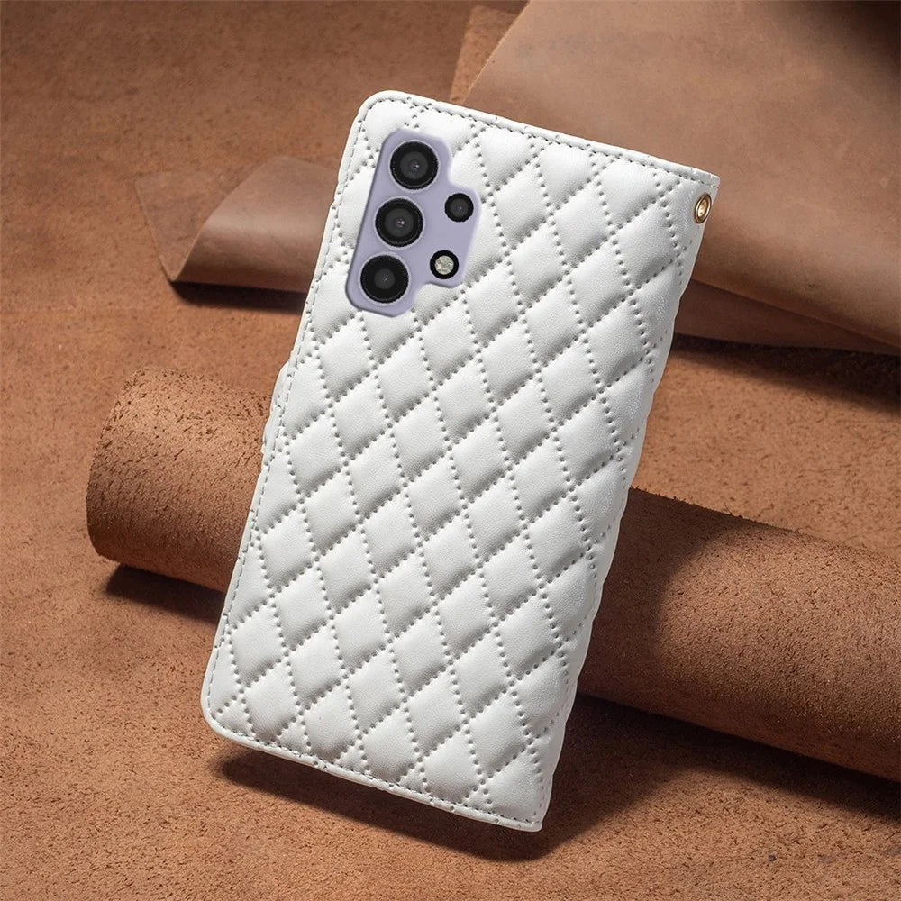BINFEN COLOR for Samsung Galaxy A32 5G / M32 5G BF Style-15 Imprinted Rhombus Pattern Protective Case with Zipper Pocket Stand Matte PU Leather+TPU Wallet Cover - White - 6