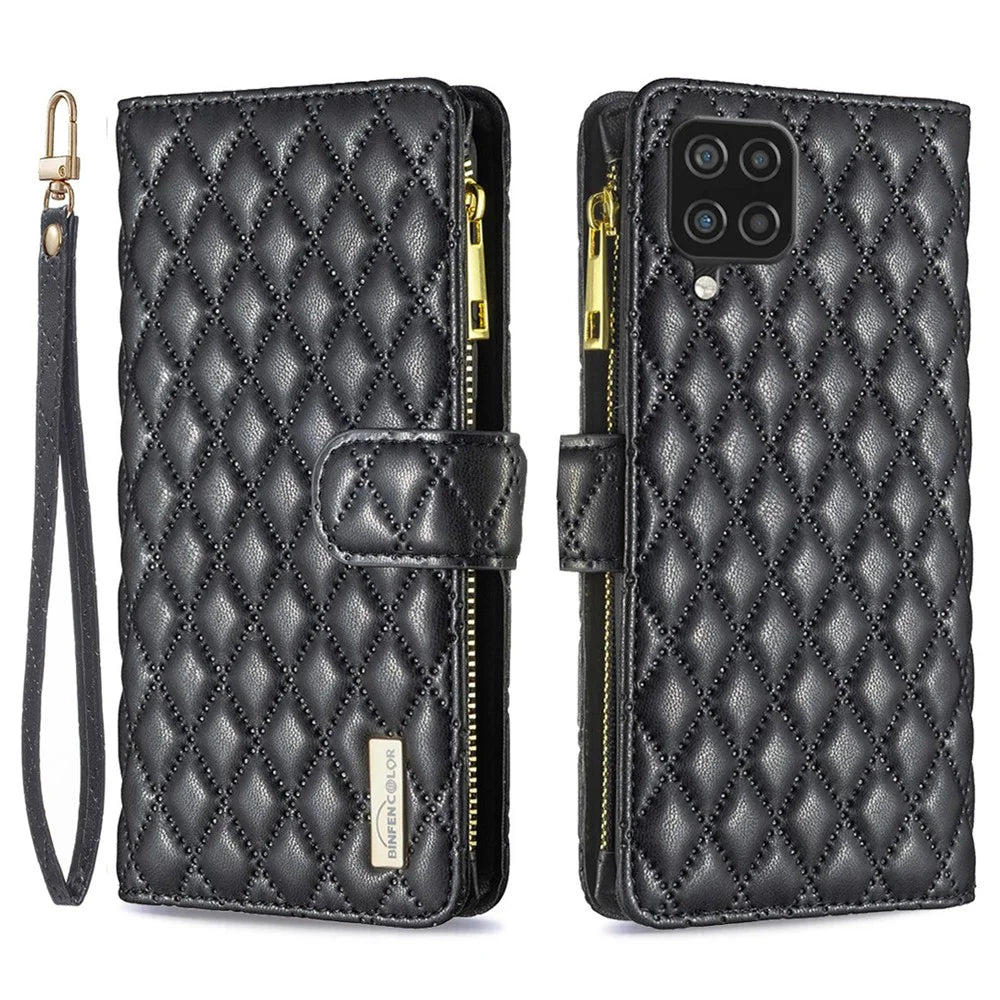 BINFEN COLOR for Samsung Galaxy A12 BF Style-15 Imprinted Rhombus Pattern Magnetic Clasp Protective Case with Zipper Pocket Stand Matte PU Leather Wallet Cover - Black - 1