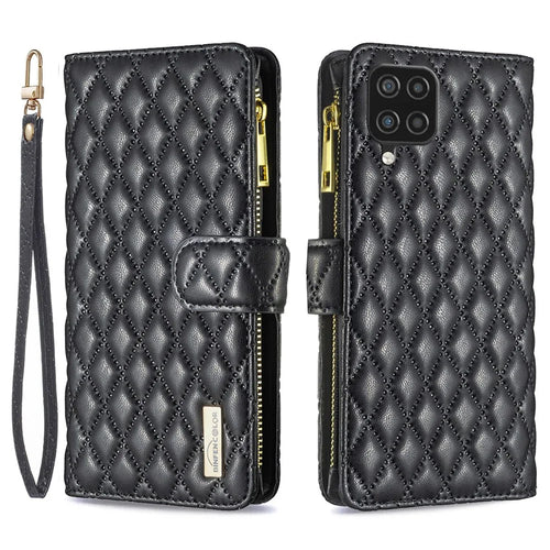 BINFEN COLOR for Samsung Galaxy A12 BF Style-15 Imprinted Rhombus Pattern Magnetic Clasp Protective Case with Zipper Pocket Stand Matte PU Leather Wallet Cover - Black - 1