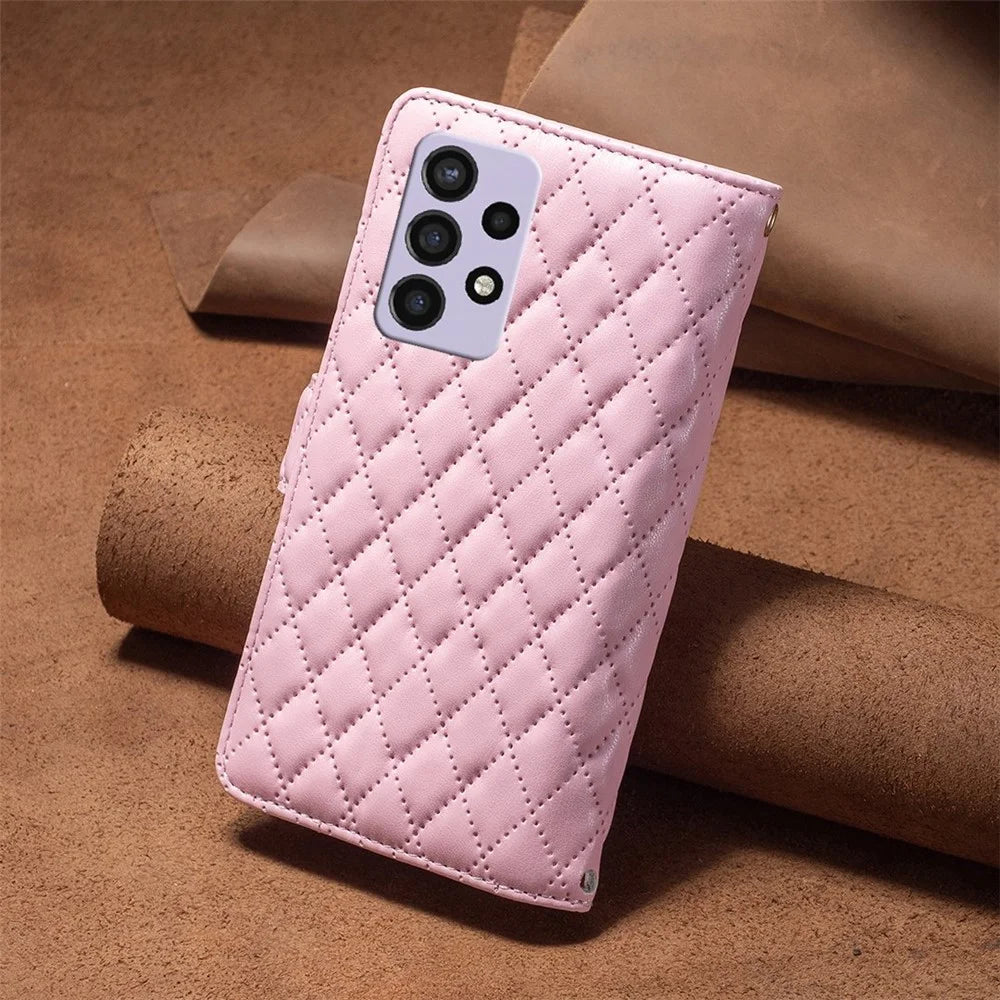 BINFEN COLOR for Samsung Galaxy A72 4G / 5G BF Style-15 Impact Resistant Imprinted Rhombus Pattern Case with Zipper Pocket Stand Matte PU Leather Wallet Cover - Pink - 6
