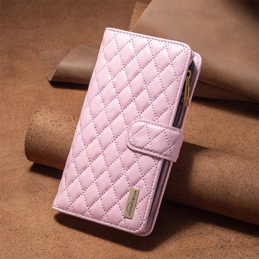 BINFEN COLOR for Samsung Galaxy A72 4G / 5G BF Style-15 Impact Resistant Imprinted Rhombus Pattern Case with Zipper Pocket Stand Matte PU Leather Wallet Cover - Pink - 7