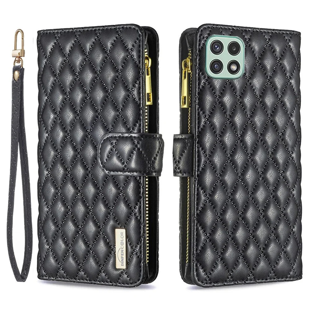 BINFEN COLOR for Samsung Galaxy A22 5G (EU Version) BF Style-15 Imprinted Rhombus Pattern Case with Zipper Pocket Horizontal Stand Matte PU Leather Wallet Cover - Black - 1