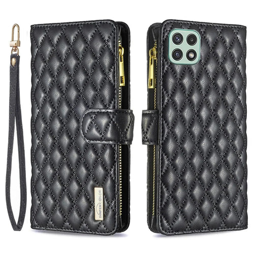 BINFEN COLOR for Samsung Galaxy A22 5G (EU Version) BF Style-15 Imprinted Rhombus Pattern Case with Zipper Pocket Horizontal Stand Matte PU Leather Wallet Cover - Black - 1