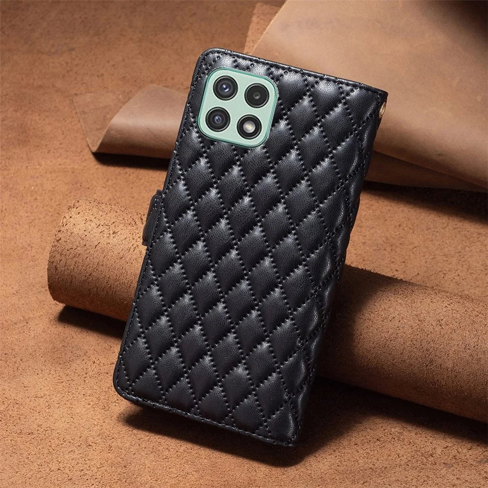 BINFEN COLOR for Samsung Galaxy A22 5G (EU Version) BF Style-15 Imprinted Rhombus Pattern Case with Zipper Pocket Horizontal Stand Matte PU Leather Wallet Cover - Black - 6