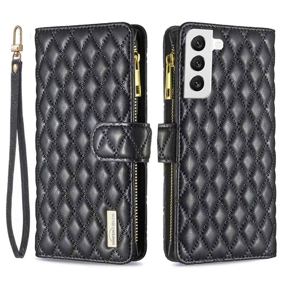BINFEN COLOR for Samsung Galaxy S22 5G BF Style-15 Imprinted Rhombus Pattern Case with Zipper Pocket Hands-free Stand Matte PU Leather Wallet Cover - Black - 1