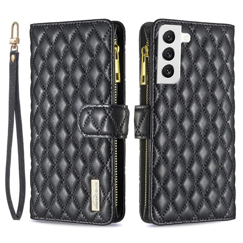 BINFEN COLOR for Samsung Galaxy S22 5G BF Style-15 Imprinted Rhombus Pattern Case with Zipper Pocket Hands-free Stand Matte PU Leather Wallet Cover - Black - 1