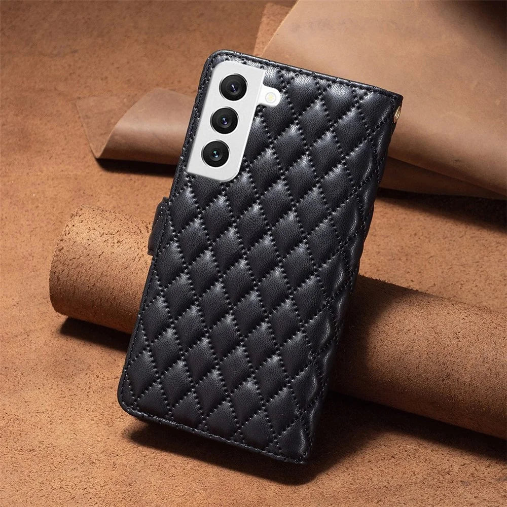 BINFEN COLOR for Samsung Galaxy S22 5G BF Style-15 Imprinted Rhombus Pattern Case with Zipper Pocket Hands-free Stand Matte PU Leather Wallet Cover - Black - 6