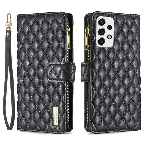 BINFEN COLOR for Samsung Galaxy A53 5G BF Style-15 Anti-drop Phone Cover with Zipper Pocket Feature Imprinted Rhombus Pattern Matte PU Leather Wallet Case - Black - 1