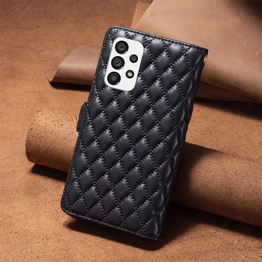 BINFEN COLOR for Samsung Galaxy A53 5G BF Style-15 Anti-drop Phone Cover with Zipper Pocket Feature Imprinted Rhombus Pattern Matte PU Leather Wallet Case - Black - 6