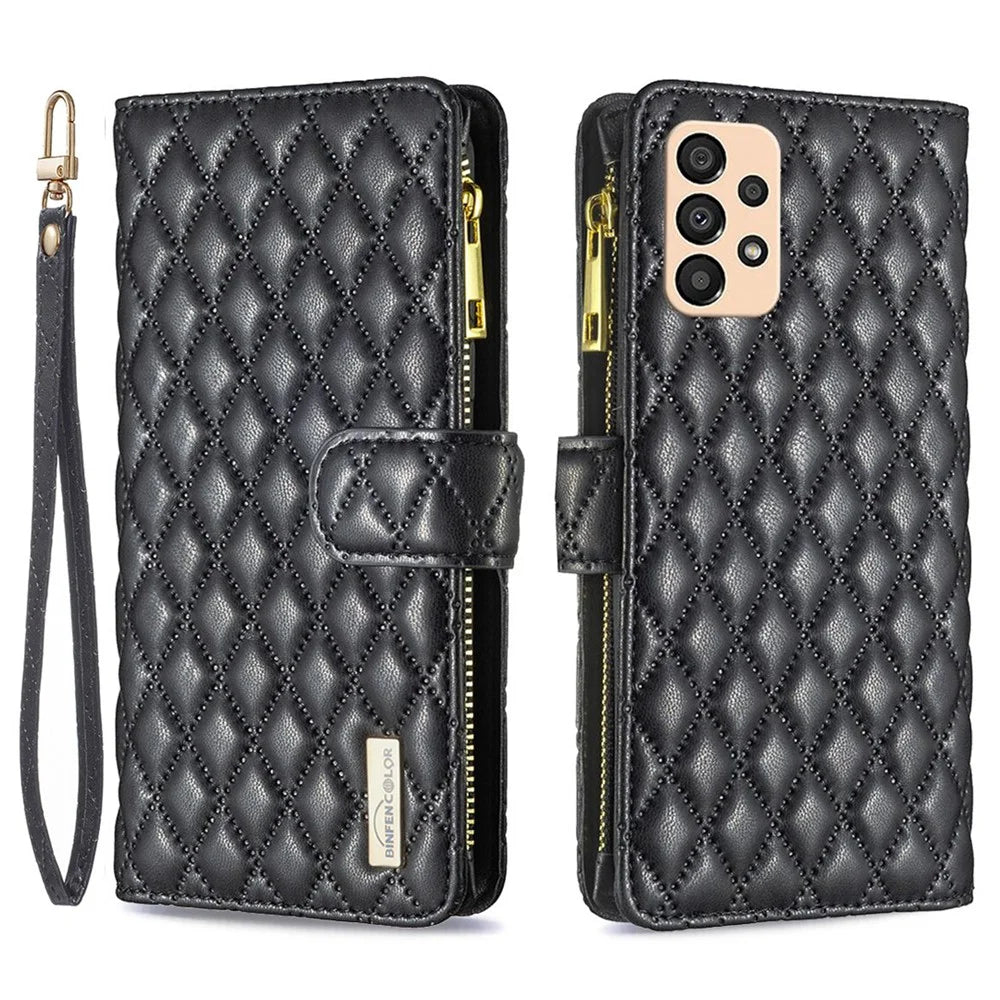 BINFEN COLOR for Samsung Galaxy A33 5G BF Style-15 Anti-drop Zipper Pocket PU Leather Phone Cover Imprinted Rhombus Pattern Matte Flip Case Stand - Black - 1