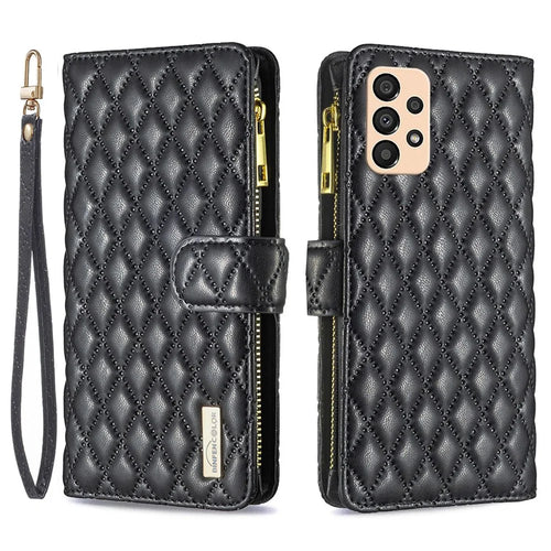 BINFEN COLOR for Samsung Galaxy A33 5G BF Style-15 Anti-drop Zipper Pocket PU Leather Phone Cover Imprinted Rhombus Pattern Matte Flip Case Stand - Black - 1