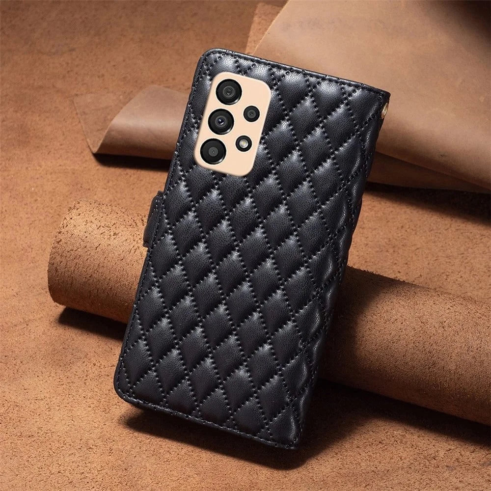 BINFEN COLOR for Samsung Galaxy A33 5G BF Style-15 Anti-drop Zipper Pocket PU Leather Phone Cover Imprinted Rhombus Pattern Matte Flip Case Stand - Black - 6