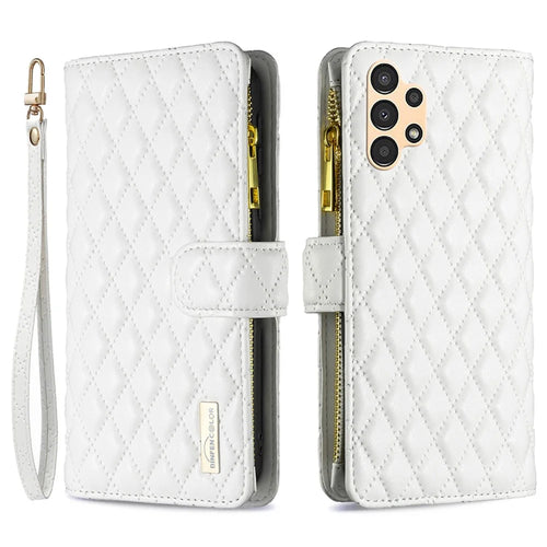 BINFEN COLOR for Samsung Galaxy A13 4G / 5G / A04s 4G (164.7mm) Phone Flip Wallet Case Stand with Zipper Pocket and Imprinted Rhombus Pattern - White - 1