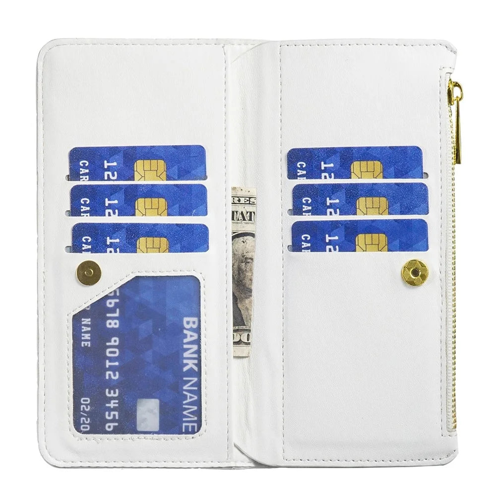 BINFEN COLOR for Samsung Galaxy A13 4G / 5G / A04s 4G (164.7mm) Phone Flip Wallet Case Stand with Zipper Pocket and Imprinted Rhombus Pattern - White - 4