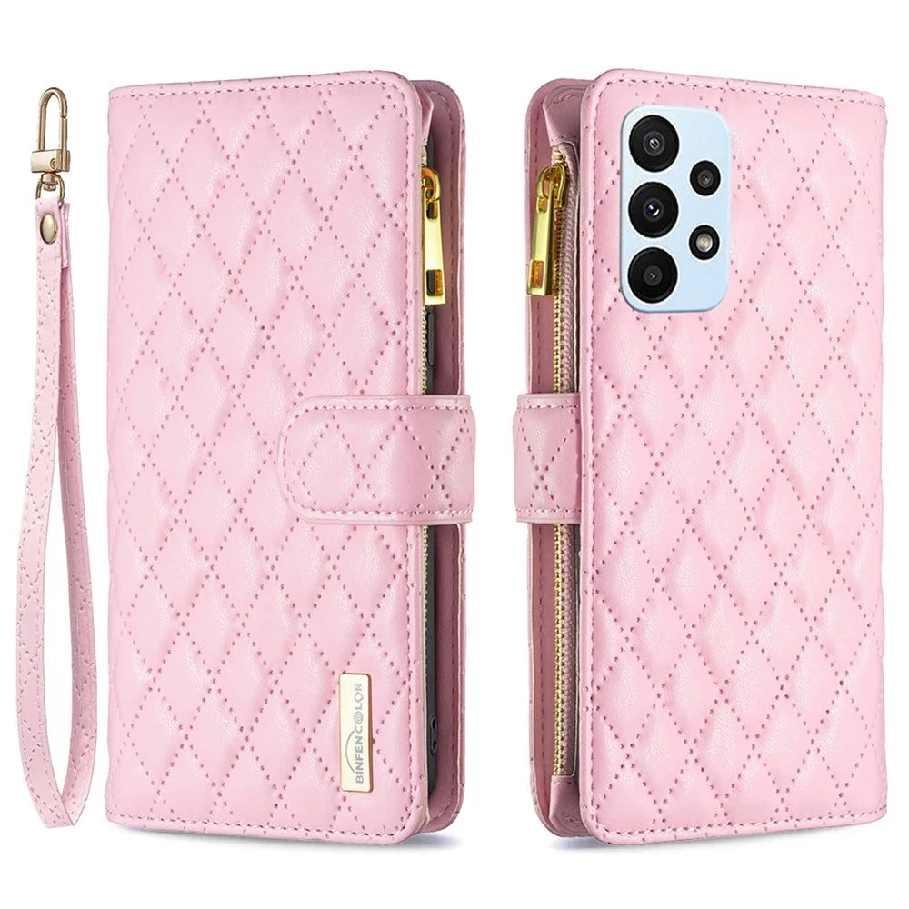 BINFEN COLOR BF Style-15 for Samsung Galaxy A23 5G (Global Version) / 4G / M23 5G Imprinted Rhombus Pattern Shockproof Phone Case with Zipper Pocket - Pink - 1