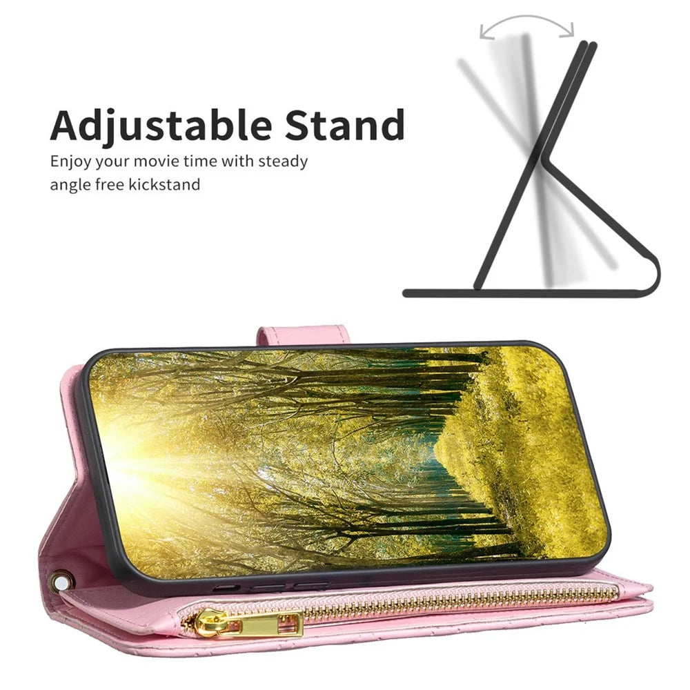BINFEN COLOR BF Style-15 for Samsung Galaxy A23 5G (Global Version) / 4G / M23 5G Imprinted Rhombus Pattern Shockproof Phone Case with Zipper Pocket - Pink - 2