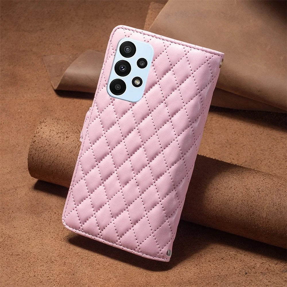 BINFEN COLOR BF Style-15 for Samsung Galaxy A23 5G (Global Version) / 4G / M23 5G Imprinted Rhombus Pattern Shockproof Phone Case with Zipper Pocket - Pink - 6