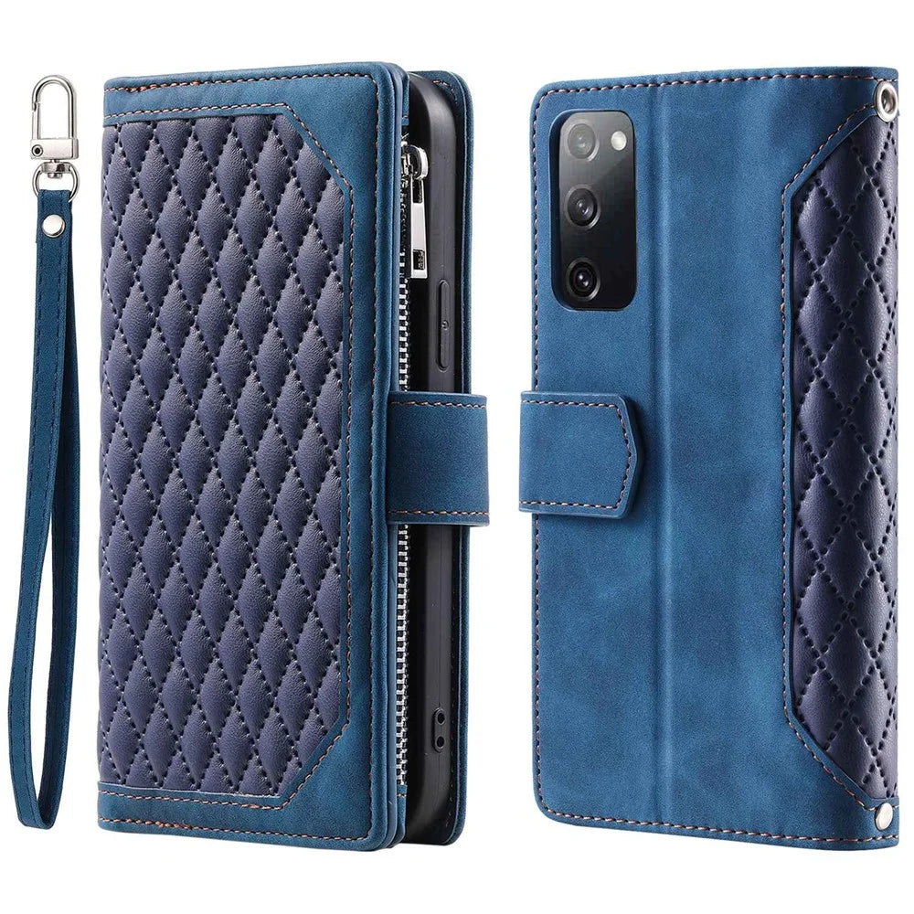 005 Smartphone Cover for Samsung Galaxy S20 FE 2022 / S20 Lite / S20 FE 5G / 4G, Handy Strap Rhombus Grid Textured PU Leather Zipper Pocket Stand Wallet Case - Blue - 1