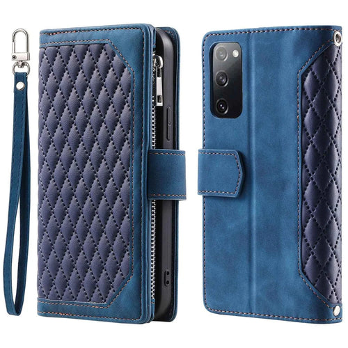 005 Smartphone Cover for Samsung Galaxy S20 FE 2022 / S20 Lite / S20 FE 5G / 4G, Handy Strap Rhombus Grid Textured PU Leather Zipper Pocket Stand Wallet Case - Blue - 1