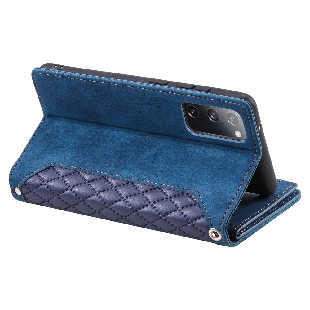 005 Smartphone Cover for Samsung Galaxy S20 FE 2022 / S20 Lite / S20 FE 5G / 4G, Handy Strap Rhombus Grid Textured PU Leather Zipper Pocket Stand Wallet Case - Blue - 4