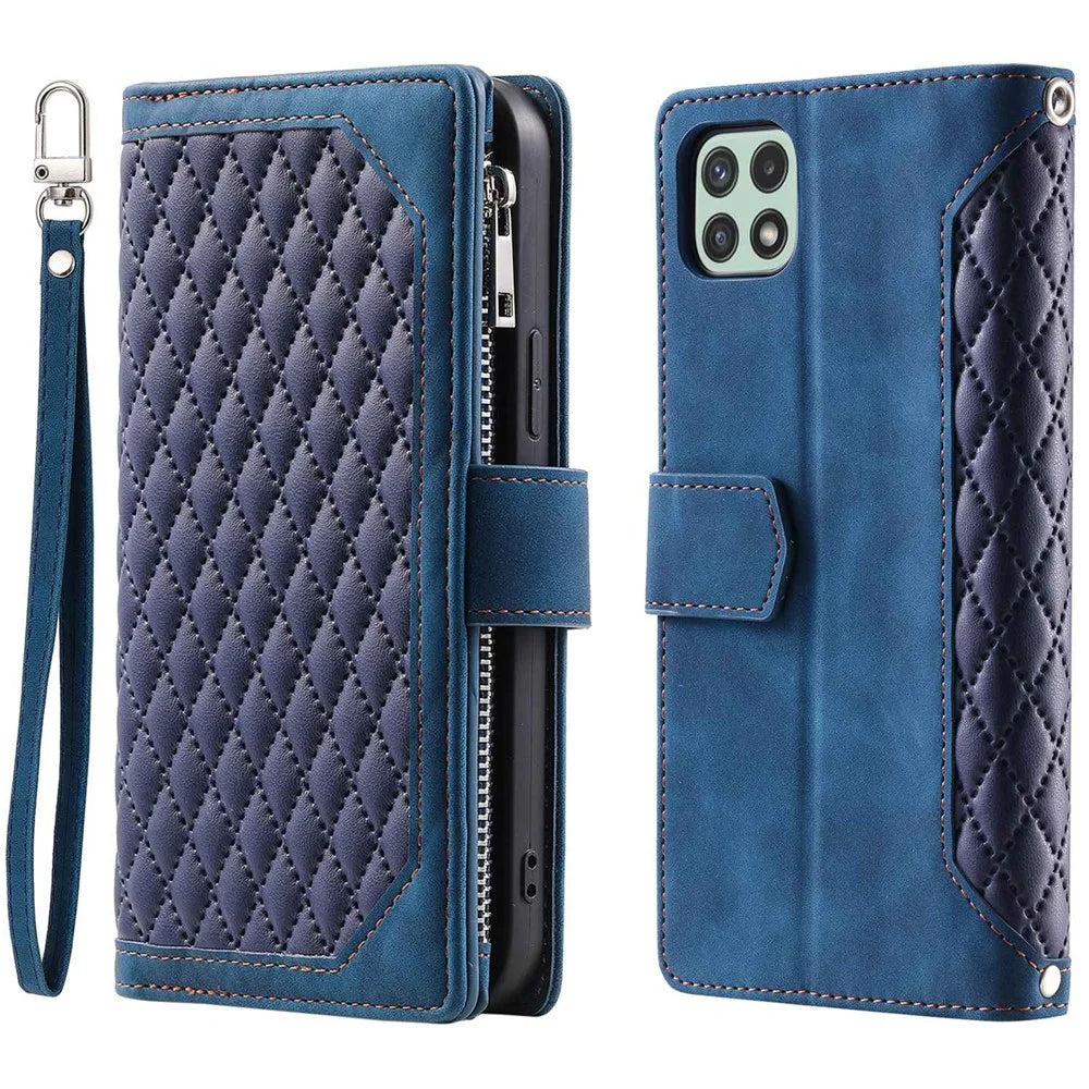 005 Phone Case Pouch for Samsung Galaxy A22 5G (EU Version), Anti-scratch Rhombus Grid Textured PU Leather Zipper Pocket Stand Wallet Phone Case with Multiple Card Slots and Handy Strap - Blue - 1