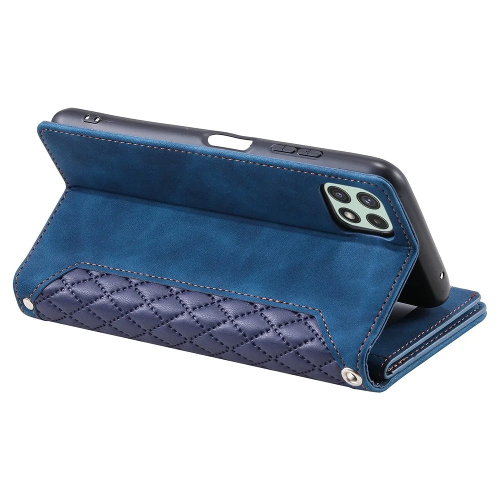005 Phone Case Pouch for Samsung Galaxy A22 5G (EU Version), Anti-scratch Rhombus Grid Textured PU Leather Zipper Pocket Stand Wallet Phone Case with Multiple Card Slots and Handy Strap - Blue - 4