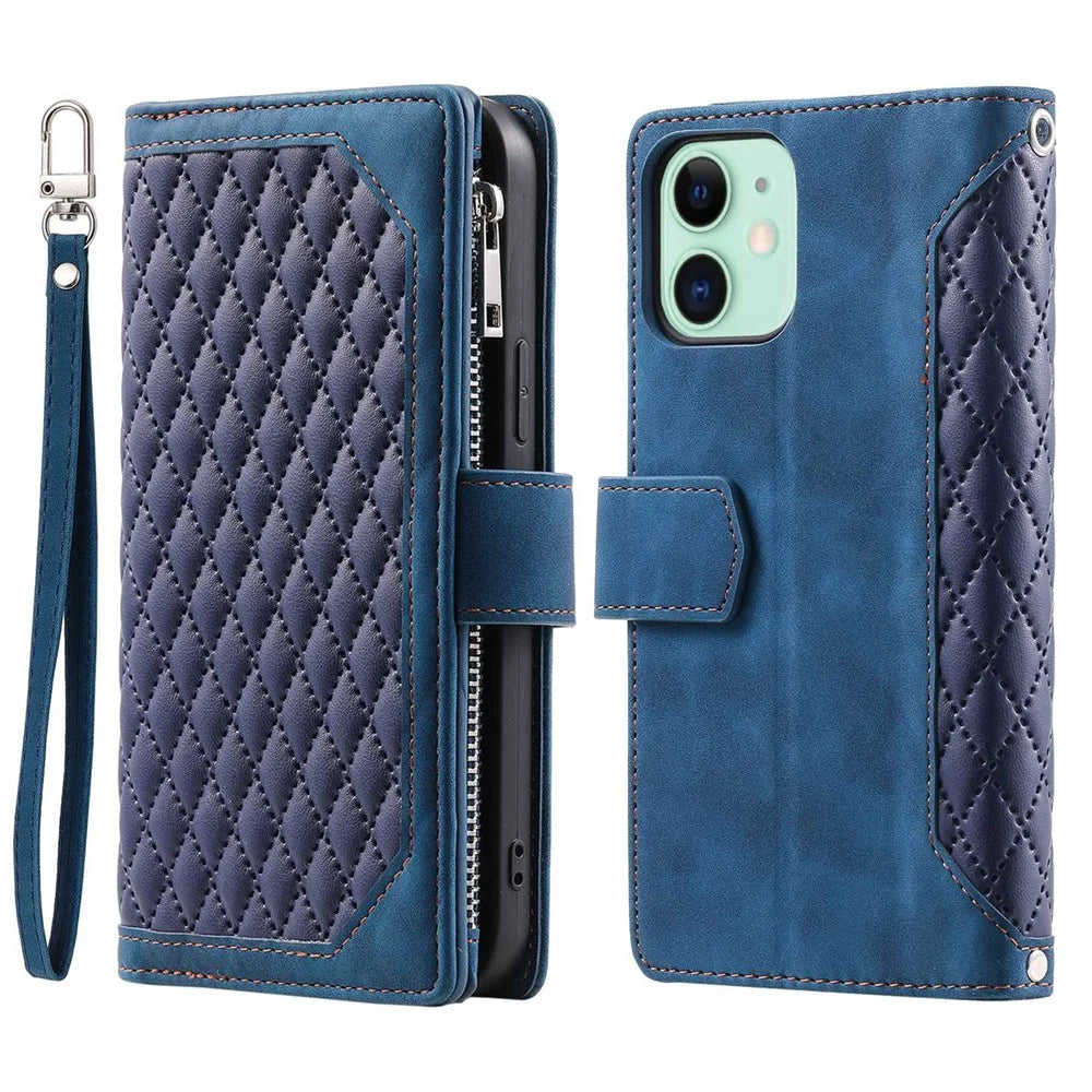 For iPhone 11 6.1 inch 005 Wallet Style Magnetic Closure Phone Cover Rhombus Grid Texture PU Leather Zipper Pocket Stand Case - Blue - 1